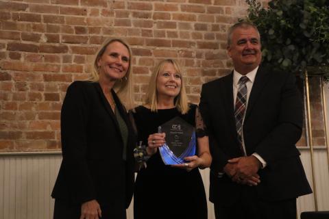 Westside Elementary’s Marjorie Pollock was named the Columbia County School District’s Teacher of the Year on Wednesday night. Pollock received her award from School Board Chair Dana Brady-Giddens (left) and Superintendent Lex Carswell. (MORGAN MCMULLEN/Lake City Reporter)