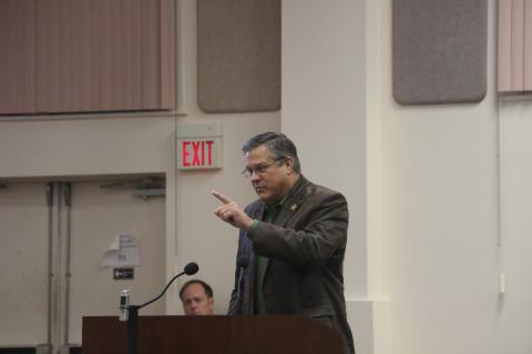 Sheriff Mark Hunter emphatically makes a point during his comments to the County Commission on Thursday night after his request to be placed on the meeting agenda was denied. (MORGAN MCMULLEN/Lake City Reporter)