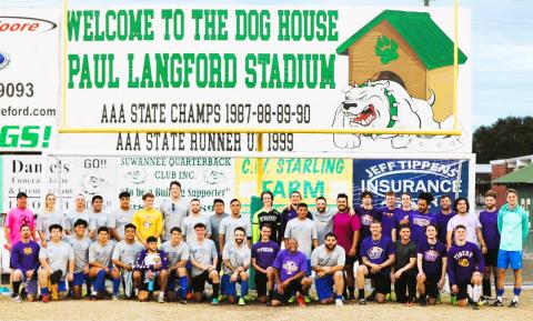 The 8th annual Steve Claffey Memorial Game will begin at 2 p.m. Saturday at Paul Langford Stadium with a match between Suwannee High alumni and those from Columbia High. The teams from last year’s game are pictured above. (COURTESY)