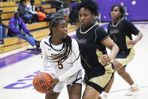 Columbia guard Erickah Roberson looks to pass while being defended by St. Augustine forward Da'Nahli Keyton on Thursday night. (JORDAN KROEGER/Lake City Reporter)