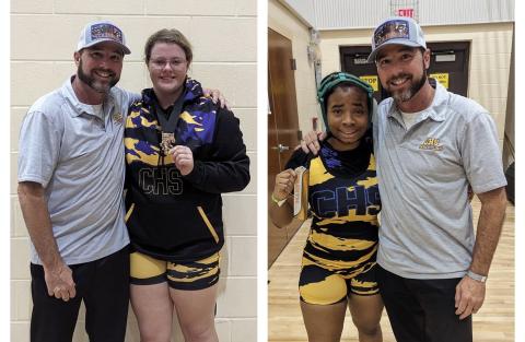 Columbia wrestlers Josie Raulerson (left) and Jay Jay Williams (right) are both pictured with head coach Pete Whittington after placing at the Lady Clash on Friday. (COURTESY)