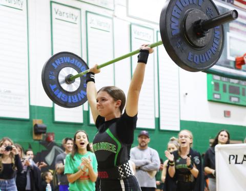 Suwannee’s Jordyn Rodriguez performs the clean and jerk during last season’s Power of Christmas meet. (FILE)