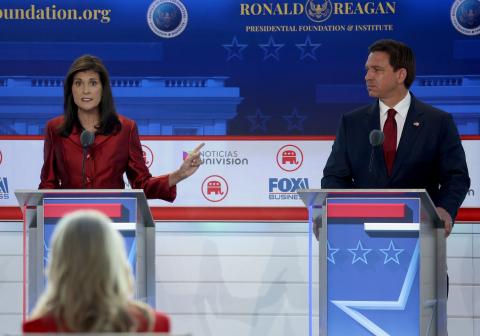 Republican presidential candidates former U.N. Ambassador Nikki Haley and Florida Gov. Ron DeSantis participate in a debate Sept. 27 in Simi Valley, California. (JUSTIN SULLIVAN/Getty Images/TNS)