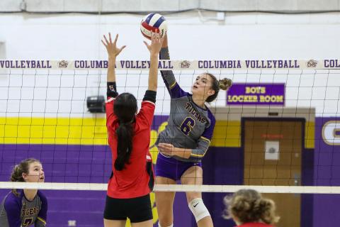 Columbia hitter Sinei Wood returns a shot against Lafayette on Sept. 12, 2023. (BRENT KUYKENDALL/Lake City Reporter)