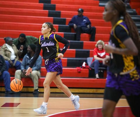 Columbia guard Mariah Cox dribbles up the court against Fort White on Jan. 16. (BRENT KUYKENDALL/Lake City Reporter)