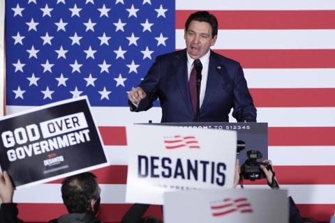 Republican presidential candidate Florida Gov. Ron DeSantis speaks to supporters during a caucus night party Jan. 15 in West Des Moines, Iowa. DeSantis has suspended his Republican presidential campaign after a disappointing showing in Iowa's leadoff caucuses. (Associated Press file)