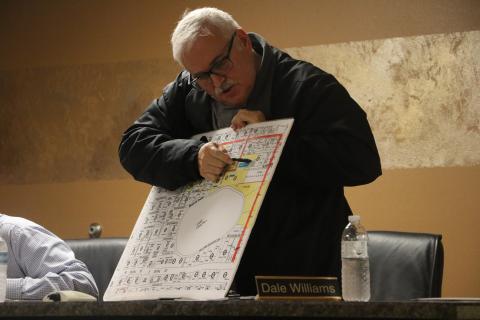 Lake Shore Hospital Authority Executive Director Dale Williams points out Block 111 on the Lake Shore Hospital campus during Monday’s meeting. (MORGAN MCMULLEN/Lake City Reporter)