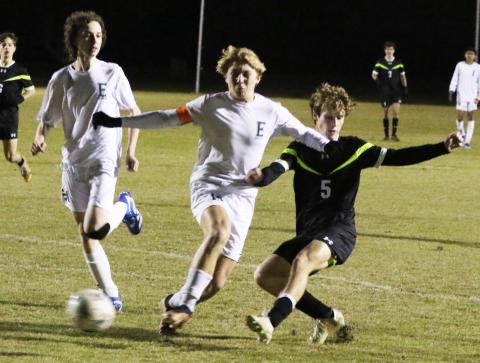 Columbia's Nathan Matsubara (5) scores a goal against Eastside on Dec. 15, 2023. (MORGAN MCMULLEN/Lake City Reporter)