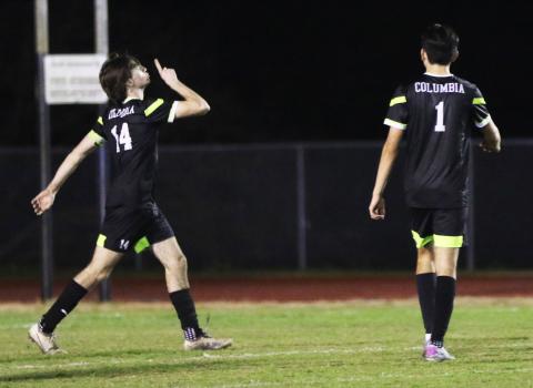 Columbia midfielder Bobby Shotwell shushes Middleburg after scoring a penalty kick during Thursday's District 2-5A quarterfinal. (JORDAN KROEGER/Lake City Reporter)