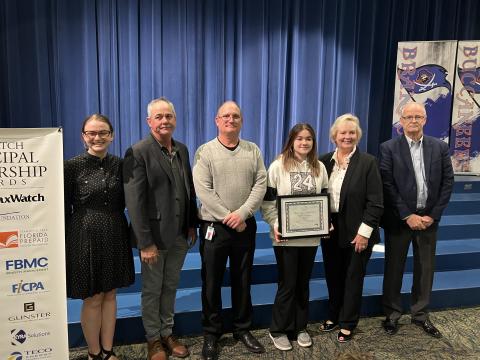 Branford High Principal Terry Huddleston was recognized as a Florida TaxWatch Principal Leadership Awards recipient Tuesday. Pictured with Huddleston (right) are Florida TaxWatch's Meg Cannon (from left), Suwannee County School Board member Ronald White, Suwannee County Superintendent Ted Roush, BHS senior Kaylynn Dees (who Huddleston selected to receive a full two-year scholarship) and Florida Prepaid College Foundation Director Cynthia O’Connell. (COURTESY)