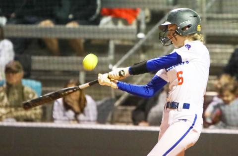 Branford third baseman Madyson Sikes hits the game-tying RBI single in the seventh inning of last Thursday's win over Columbia. (BRENT KUYKENDALL/Lake City Reporter)