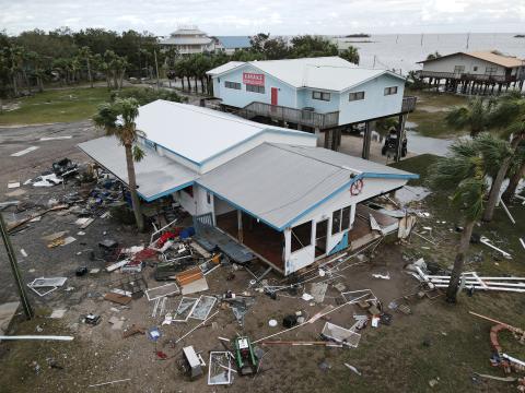 The first drone photos of Florida’s Horseshoe Beach in the Big Bend area after Hurricane Idalia made landfall in August 2023. (MAX CHESNES/Tampa Bay Times/TNS)