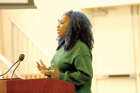 Vanessa George with Twentyeight Fourteen and October Realty presents the public-private partnership ask of $1 million from the County Commission to build affordable housing in Lake City. (JAMIE WACHTER/Lake City Reporter)