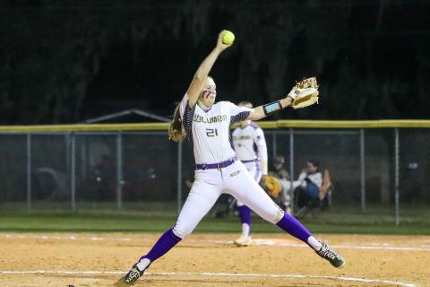 Columbia pitcher Harleigh Price winds up to pitch against Branford on Feb. 22. (BRENT KUYKENDALL/Lake City Reporter)