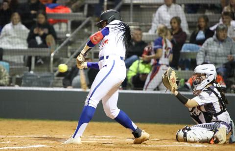Branford's Mallory Blue swings at a pitch against Columbia on Feb. 22. (BRENT KUYKENDALL/Lake City Reporter)
