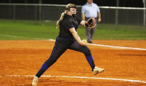 Branford’s Laila Arnold winds up for a pitch during Tuesday’s 1-0 win over Columbia. Arnold struck out eight Tigers on her way to a complete-game shutout. (MORGAN MCMULLEN/Lake City Reporter)