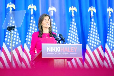 Republican presidential candidate Nikki Haley announces the suspension of her presidential campaign at her campaign headquarters Wednesday in Daniel Island, South Carolina. (SEAN RAYFORD/Getty Images/TNS)