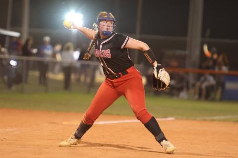 Fort White's Hannah LeBleu throws to first base during a game against Branford on March 1. (PAUL BUCHANAN/Special to the Reporter)