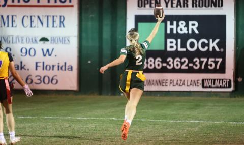 Suwannee receiver Hannah Humphries celebrates running into the end zone as she scores the go-ahead touchdown against Columbia on Tuesday. (PAUL BUCHANAN/Special to the Reporter)