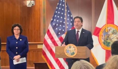 Gov. Ron DeSantis discusses the 2024 legislative session budget as Senate President Kathleen Passidomo listens Friday. (NEWS SERVICE OF FLORIDA)