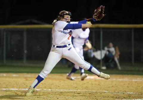 Branford pitcher Laila Arnold winds up to pitch against Columbia on Feb. 22. (BRENT KUYKENDALL/Lake City Reporter)