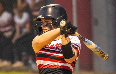 Fort White pitcher Kadence Compton hits a pitch against Lafayette on April 16. (JACK HOWDESHELL/Special to the Reporter)