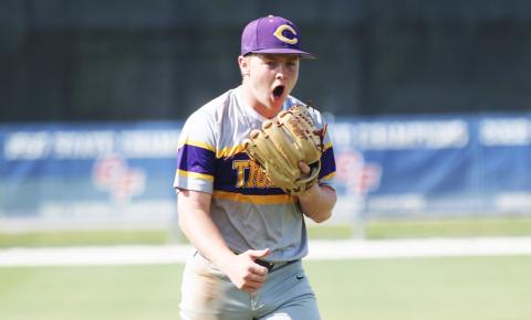 Columbia pitcher Trayce McKenzie celebrates walking off the mound after striking out the side in the third inning of Tuesday’s game against The Villages Charter. (JORDAN KROEGER/Lake City Reporter)