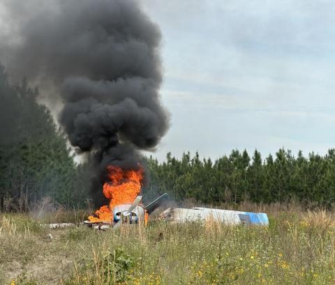A plane is engulfed in flames after crashing during takeoff Saturday from the Little River Airstrip in McAlpin. Nobody was hurt in the crash. (COURTESY SUWANNEE COUNTY FIRE RESCUE)