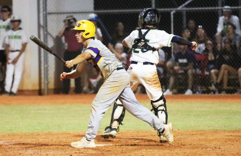 Columbia third baseman Grant Bowers strikes out against Beachside during Tuesday’s Region 1-5A quarterfinal. (JORDAN KROEGER/Lake City Reporter)