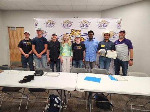 Columbia High welding students Richard Tyre (from left), Brett Jones, Chris Bolsten, Lane Milton, Benjamin Robinson and Amilcar Chavez received full scholarships to Big Bend Technical College. Pictured with them are Shelbi McCall (middle) from Big Bend Technical College and CHS welding instructor Darryl Thomas (right). (COURTESY)