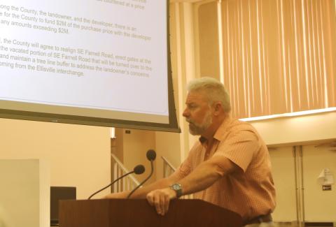 Assistant County Manager Kevin Kirby speaks during Thursday’s Columbia County Commission meeting on the need to relocate parts of SE Farnell Road to better accomadate growth in Ellisville. (TONY BRITT/Lake City Reporter)
