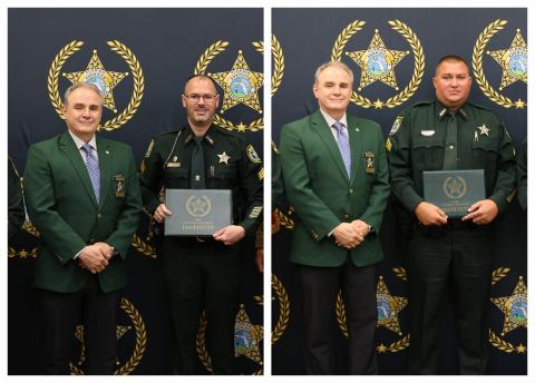 Columbia County Sheriff's Office Sgt. Steven Khachigan (left photo, right) and Suwannee County Sheriff's Office Sgt. Wayne Kelly (right photo, right) were part of the 15th graduating class of the Florida Sheriff's Association Commanders Academy. Both are pictured with FSA Executive Director Steve Casey. (COURTESY)