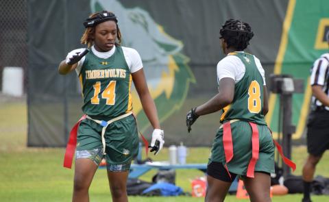 FGC's Makayla Brown (14) celebrates with Alexandra Harris (8) during their team's win over Florida State on March 2. (COURTESY OF FGC) 