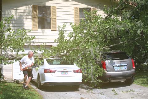 Wade Burlingame uses an electric chainsaw to cut a felled oak tree that landed across his vehicles at his Lake Montgomery Avenue home during Friday’s storm. (TONY BRITT/Lake City Reporter)
