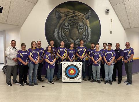 CHS Assistant Principal Mike Paphides (from left) and First Sergeant Trena Dettmer (Army Instructor), pose with Cadet Charli Lanfair (Team Captain), Cadet Kamden Spaziani, Cadet Ashley Mitchell, Cadet Chase Peisel, Cadet Justin Cranford, Cadet Timothy Bird, Cadet Wyatt Santos, Cadet Sigel Delsasso, Cadet Dakota Beichner, Cadet Elijah Deese, Cadet Caden Vreatt, CHS Principal Trey Hosford and Lieutenant Colonel Austin Akers (Senior Army Instructor). Not pictured is Cadet Joseph Hassett. (COURTESY)