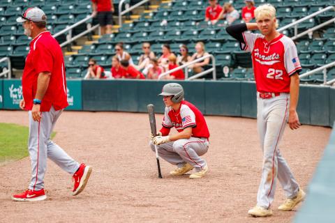 Lafayette shortstop Trevor Byrd (left) sits behind home plate alongside first baseman Noah Lamb after the Hornets fell to Jay 4-2 in the Class 1A state semifinals on Wednesday at Hammond Stadium in Fort Myers. (JACK HOWDESHELL/Special to the Reporter)