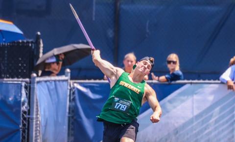 Suwannee’s Will Wainwright throws the javelin during Thursday’s Class 2A state meet. (COURTESY)