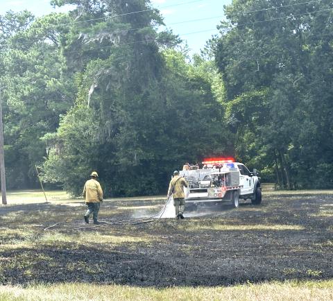Firefighters with the Florida Forest Service help douse a grass fire at Alligator Lake Park on Wednesday afternoon. The fire was sparked by crossed power lines. (COURTESY)