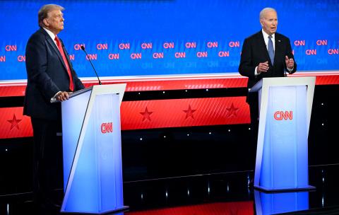 President Joe Biden and former President Donald Trump participate in the first presidential debate of the 2024 election at CNN’s studios in Atlanta on Thursday. (Andrew Caballero-Reynolds/AFP/Getty Images/TNS)