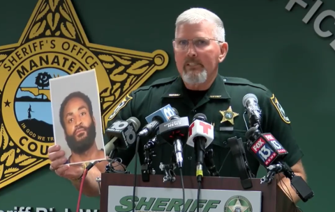 Manatee County Sheriff Rick Wells holds up a photo of Javontee Brice, who shot and killed three people in Manatee County, before being shot and killed after shooting at Hamilton County deputies early Tuesday morning. (COURTESY)