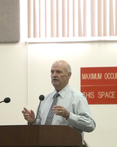 Lake Shore Hospital Authority Accountant Richard Powell explains the circumstances of the county potentially taking over the authority during Thursday’s County Commission meeting. (MORGAN MCMULLEN/Lake City Reporter)
