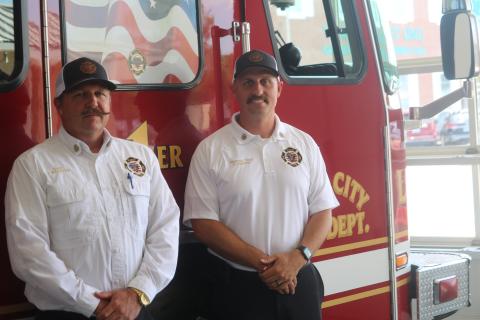 Lake City’s new assistant fire chief Ret Tompkins (right) began his firefighting career as a high school senior nearly 20 years ago. At that time, Tompkins began riding along on shifts with Josh Wehinger, now Lake City’s fire chief. (TONY BRITT/Lake City Reporter)