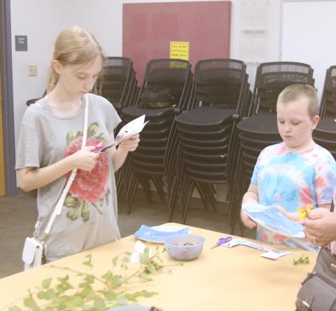 Cassidy Kreider (from left), 18, and Ryan Kreider, 9, work on creating cyanotypes Friday at the Columbia County Public Library. The cyanotype project Friday was the last project for this year’s summer program. (TONY BRITT/Lake City Reporter)