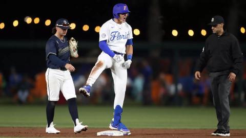 Florida’s Tyler Shelnut, a former Fort White High star, gestures after a hit this spring with the Gators. Shelnut is awaiting a phone call this weekend of early next week letting him know he’s been taken in the MLB draft. (MADDIE WASHBURN/UF Athletics)