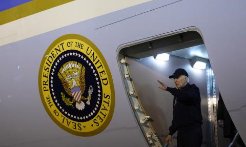 President Joe Biden steps off of Air Force One upon arrival at Dover Air Force Base in Dover, Delaware, on Wednesday. Biden tested positive for covid-19 with mild symptoms that day. (KENT NISHIMURA/AFP via Getty Images/TNS)