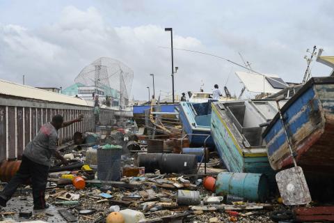 Damaged fishing boats pile up against each other after Hurricane Beryl at the Bridgetown Fish Market, Bridgetown, Barbados, on Monday. (Randy Brooks/AFP/Getty Images/TNS)