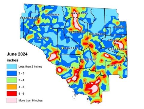 Most areas in North Florida received between 2-4 inches of rain in June, although some areas like northern Columbia County received less than 2 inches of rainfall. (COURTESY SUWANNEE RIVER WATER MANAGEMENT DISTRICT)