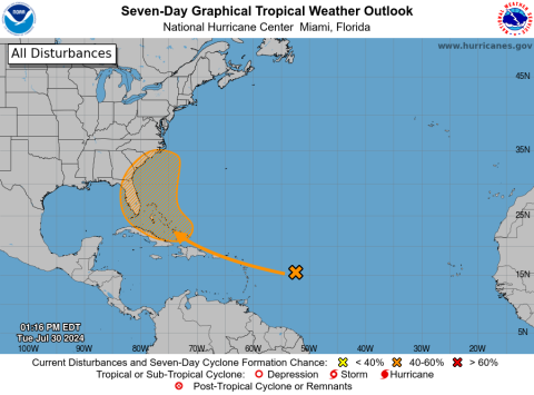 The tropical outlook of a system in the Atlantic as of 2 p.m. Tuesday. The National Hurricane Center increased the odds of the system turning into a tropical storm to 60% on Tuesday. (COURTESY NATIONAL HURRICANE CENTER)
