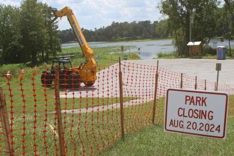 Campbell Park and access to Lake Montgomery were closed Tuesday as construction is set to begin on a new fishing pier on the lake near downtown Lake City. (TONY BRITT/Lake City Reporter)