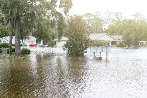 Homes in the Tara Trace subdivision in Live Oak are surrounded by water as the neighborhood is flooded following Hurricane Debby. (TONY BRITT/Lake City Reporter)